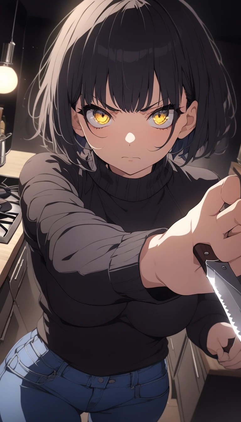 highest quality, ultra details, Anime Style, Masterpiece, solo, Adult woman, a woman with knife his hand, Portrait of person with depression, scared face, serious face, yellow eyes, beautiful, beautiful body, short black hair, korean pixie cut, looking at viewer, she is holding a kitchen knife, threatening pose, dynamic angle. (medium boobs:1.2), (black sweater, long sleeve, Recycled Wool Jersey, blue jeans:1.5), dark hotel kitchen room, no light source, dark background, night days,