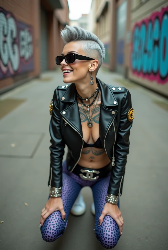 russian old milf woman, grey hair (boyish quiff, shaved sides), wearing sunglasses as (big maxi sunglasses), bandana as headband, with very light blue eyes, extremely pale. Wearing cropped padded black moto jacket with lots of zippers and badges on jacket flaps, black bra, purple leopard print leggings and white tennis sneakers . Silicone breasts. Lots of metallic bracelets, long pendants and lots of collars. Tacky leather belt with oversized chanel buckle. Long earrings. Kneeling, looking at the camera, legs spread, tilted head, eyes and mouth wide open in amazement. Hands fixing her hair, toned abdominals, thin legs and thin arms. Tattoed chest, hands, belly and arms.