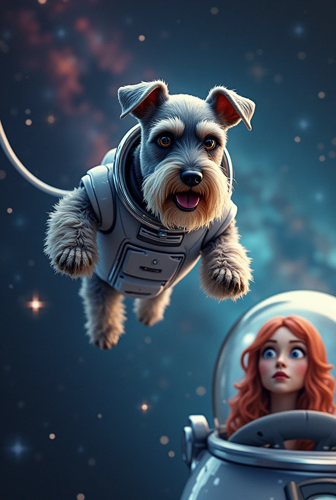 A medium-sized Schnauzer dog, in an astronaut suit floating through space, connected by a white rope to a spaceship in the background. There is a red-haired woman sitting in the pilot&#39;s chair of this ship., with a surprised face