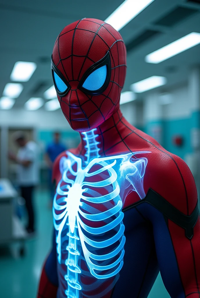 Spiderman, upper body shown in front view, with his left shoulder shown as X ray image, more details on the X ray image showing all the bones muscles and tendons of the shoulder, background in a hospital