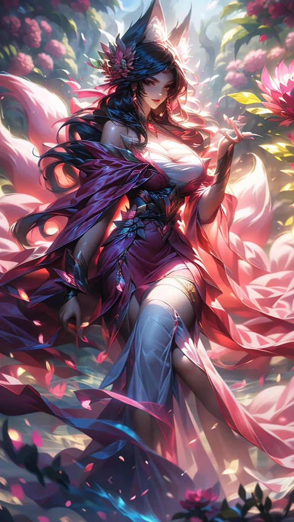 best quality,masterpiece,Ultra-high resolution,(photoactual:4:0),emperor bush,A Protea Goddess,Pink long hair shawl,Big breasts,thin waist,Wearing an imperial lace skirt,Sitting on the flower