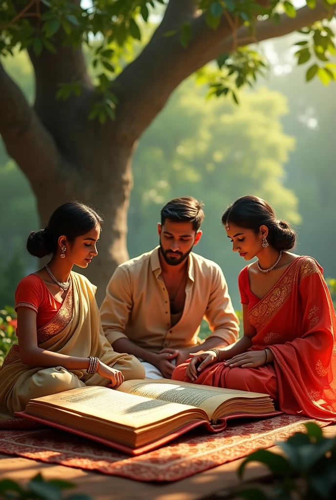 Creat a 3d AI IMMAGE OF Indian old plam manuscript book with red cloth and two lady and one men are reading this