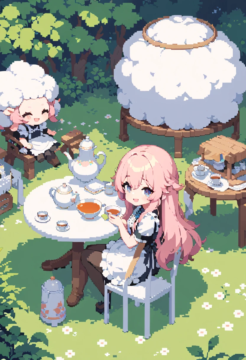 masterpiece, Highest quality, 8k, Beautiful pixel art, Vivid, Sheep, young woman, Open your mouth, ((Fluffy hair)), Long Hair, Hair like sheep's hair, Pink Hair, eyebrow, 太いeyebrow大きな目の人形1体，Maid clothes，pantyhose，Heel, garden, Stylish white round table, A white chair２foot, Teapot, Tea utensils, On the table, Brewing tea