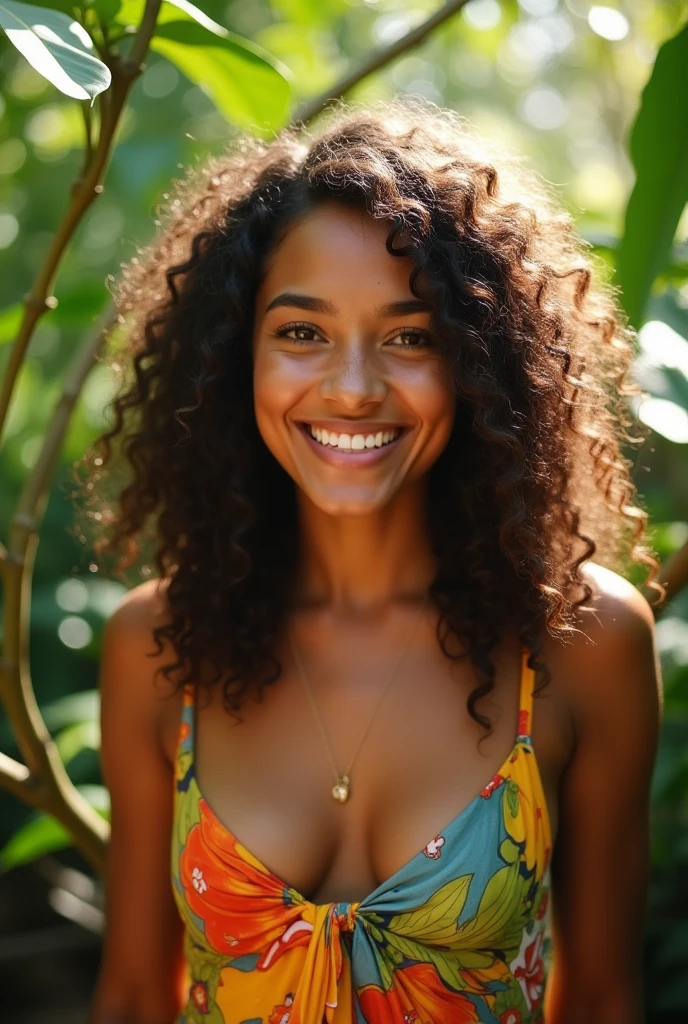 A Brazilian woman in a lush tropical garden, new, with a close-up capturing the harmonious beauty, showing off your natural charm and outgoing personality.