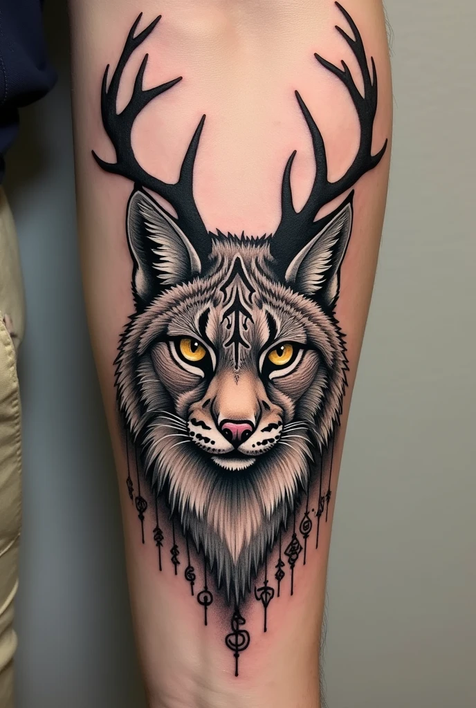 could you create a forearm tattoo sketch of a lynx with deer antlers, also with Nordic symbols