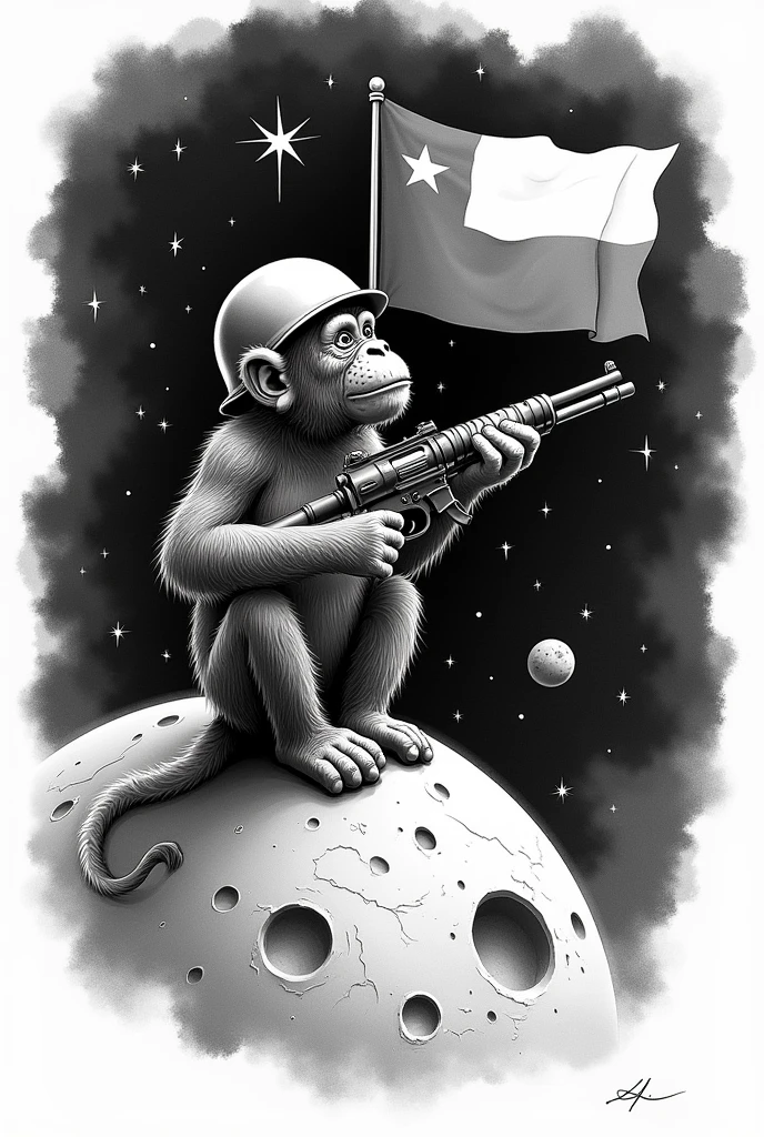 Create a black and white tattoo of a monkey on the moon with a gun and a soldier helmet with the Chilean flag in the middle