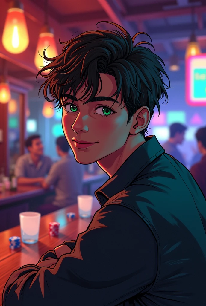 Young male office worker, handsome, cocoa brown hair, green mixed with blue eyes, drunk, manhwa