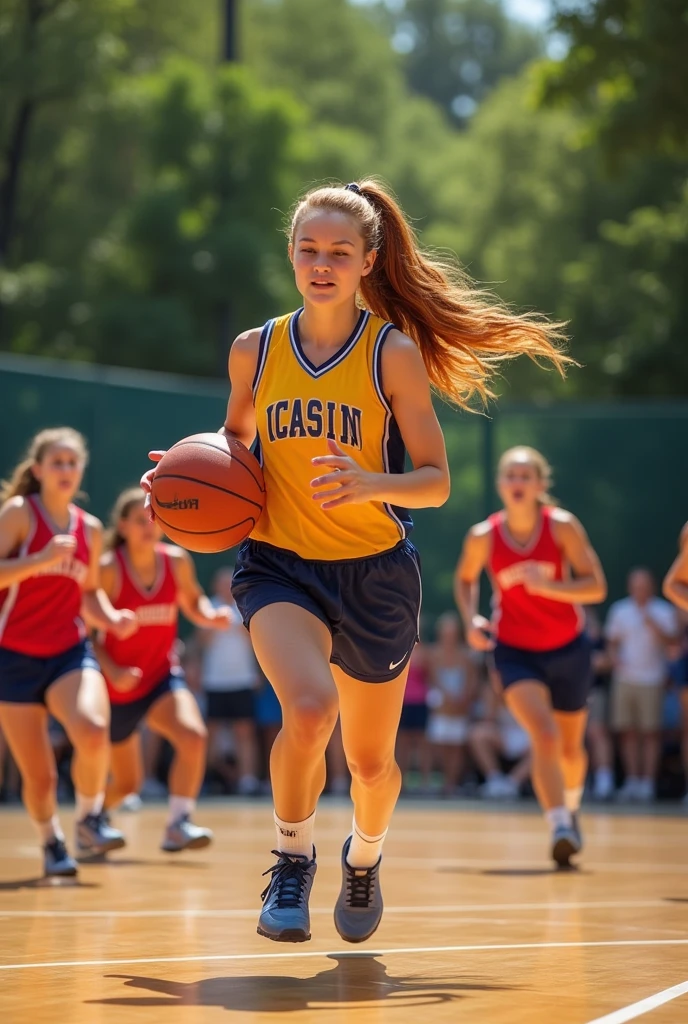 College girl group basketball playing on field  captain of beautiful girl