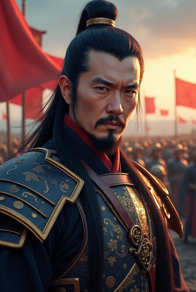 white male, Cao Cao, straight hair parted in the middle in black color, with blue eyes, short beard, stark, sexly