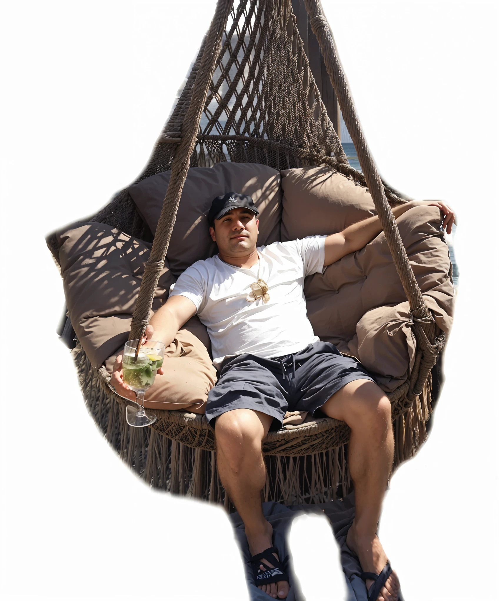 Man sitting in hammock against beach sea palm background,a high resolution, Realistic anatomy,