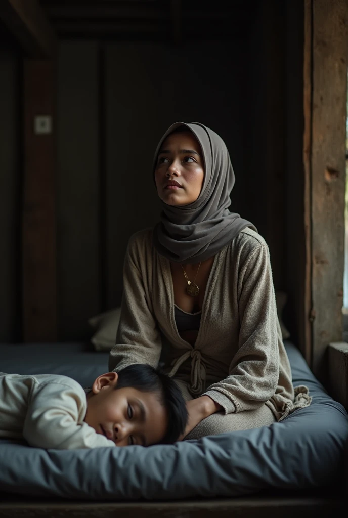 a beautiful, slim, 32 year old Indonesian hijab woman wearing a torn gamis with open buttons, visible her bra and panties sitting on the bed while contemplating, she feel ashamed and crying emotionaly, she just got humilated by her son, mother sit next to a  boy who is sleeping on a simple mattress in a room. with wooden walls.