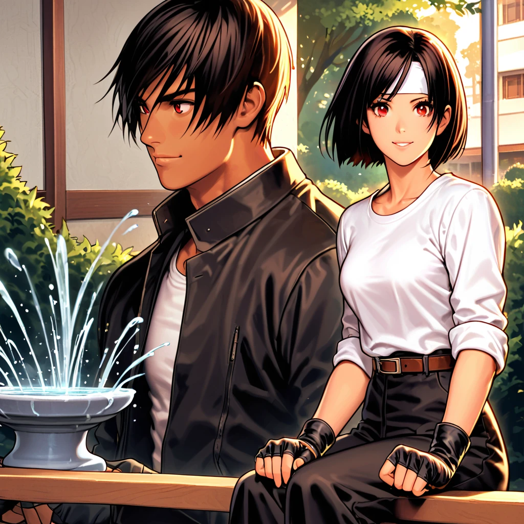 single,woman,Shortcuts,Black Hair,Dark Skin,Red eyes, ((Black jacket with rolled up sleeves)),Fingerless gloves,White T-shirt, ((White headband)),Black trousers,White shoes,Brown belt,cute,Indoor person,Charming,First-class,Handsome,Neat eyes,Slightly large chest,Park with a fountain, morning,sunlight,A beautiful Japanese girl sitting on a park bench、He smiles at my profile and at the sight of me。Eyes Wide Open、Gaze slightly downwards、The mouth is half open。
