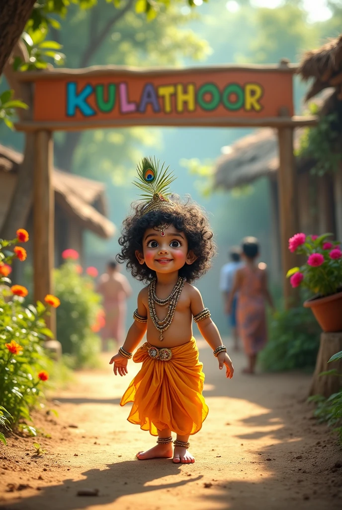  krishna is standing in a village with the background of  a sign board wrote KULATHOOR 