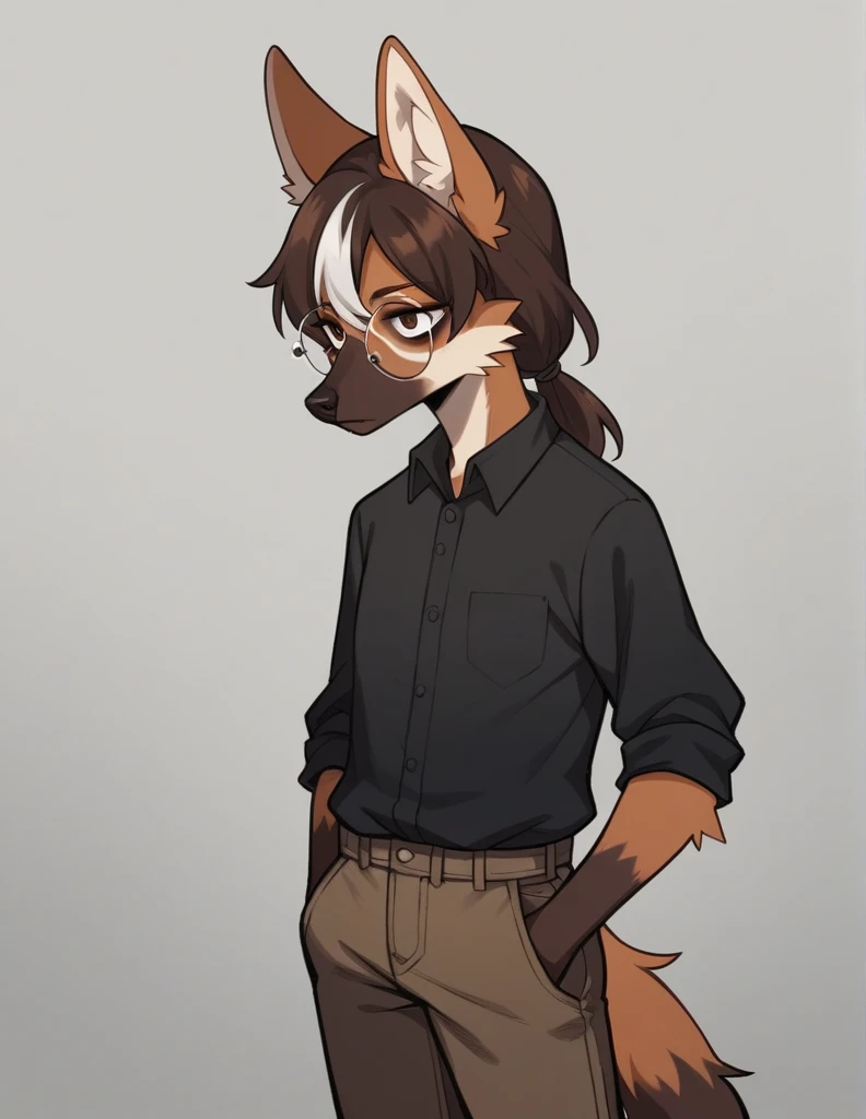 Solo, score_9, score_8_up, score_7_up, score_6_up, score_5_up, score_4_up, source_anime, Anthro furry girl, maned wolf, brown eyes, standing, tall and skinny, short brown hair, white tips on hair, white highlights on hair, low ponytail. side locks, jitome, bags under eyes, wearing brown peacoat, dark brown pants, black stiletto boots, wearing big round glasses, hands on pocket,