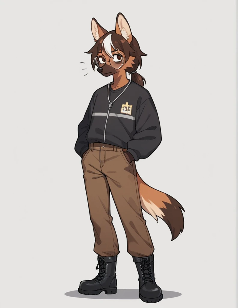 Solo, score_9, score_8_up, score_7_up, score_6_up, score_5_up, score_4_up, source_anime, Anthro furry girl, maned wolf, brown eyes, standing, tall and skinny, short brown hair, white tips on hair, white highlights on hair, low ponytail. side locks, jitome, bags under eyes, wearing brown peacoat, dark brown pants, black stiletto boots, wearing big round glasses, hands on pocket,