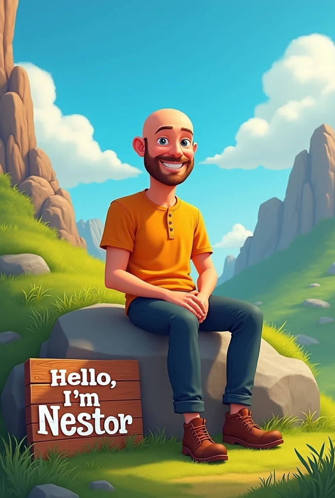 drawing of a bald man on a rock with a sign that says hello, I'm Nestor