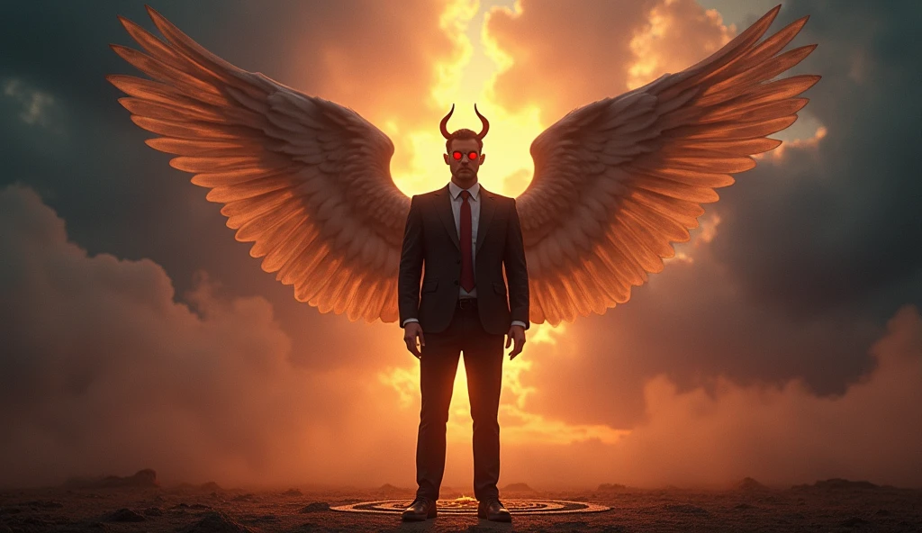 Fusion between the devil Lucifer and Jesus Christ in a suit (1920x1080, landscape)