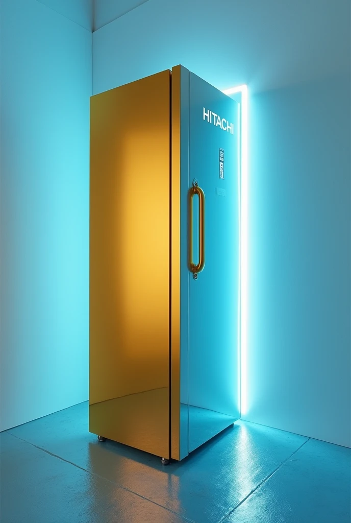 Modern gold-colored refrigerator buried in blue mirror with a writing that says HITACHI 