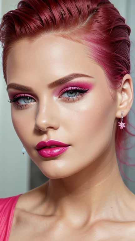 Pink make-up, pink lipstick, slicked back red hair, Detailed Face, Detailed Lips, Detailed Eyes,