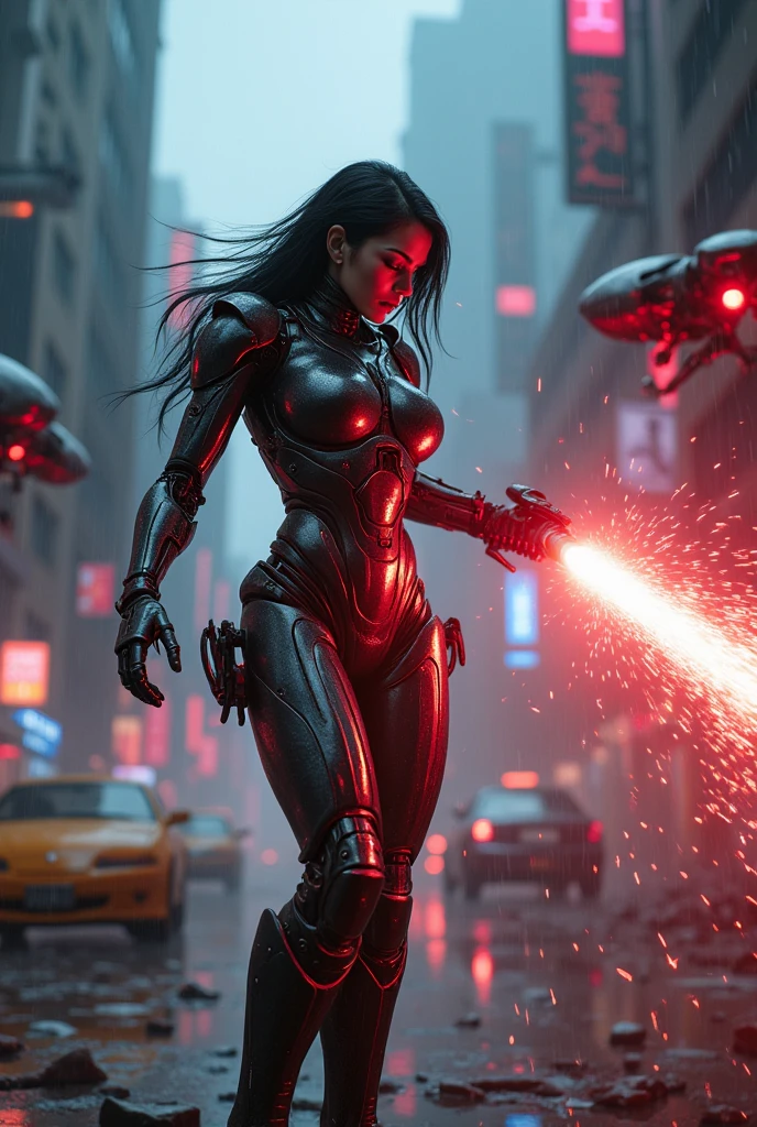Intense battle scene featuring a stunning female cyborg in a sleek robotic exoskeleton, engaged in combat against multiple advanced enemy drones in a dystopian futuristic city. The sky is dark, with red and blue neon lights illuminating the scene. Sparks fly as she deflects incoming laser blasts with her energy shield, while her glowing energy cores power her advanced weaponry. Broken buildings and flying debris fill the background, with rain pouring down, reflecting on the glossy metallic surfaces. Dynamic action pose, ultra-realistic details, cinematic lighting, sci-fi cyberpunk aesthetic
