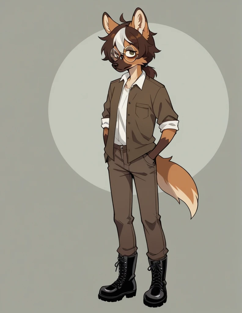 Solo, score_9, score_8_up, score_7_up, score_6_up, score_5_up, score_4_up, source_anime, Anthro furry girl, maned wolf, brown eyes, standing, tall and skinny, short brown hair, white tips on hair, white highlights on hair, low ponytail. side locks, jitome, bags under eyes, wearing brown peacoat, dark brown pants, black stiletto boots, wearing big round glasses, hands on pocket, 
