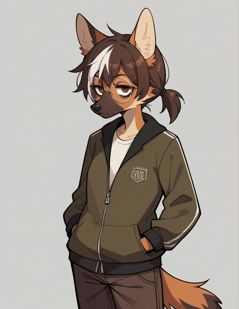 Solo, score_9, score_8_up, score_7_up, score_6_up, score_5_up, score_4_up, source_anime, Anthro furry girl, maned wolf, brown eyes, standing, tall and skinny, short brown hair, white tips on hair, white highlights on hair, low ponytail. side locks, jitome, bags under eyes, wearing brown peacoat, dark brown pants, black stiletto boots, wearing big round glasses, hands on pocket, 
