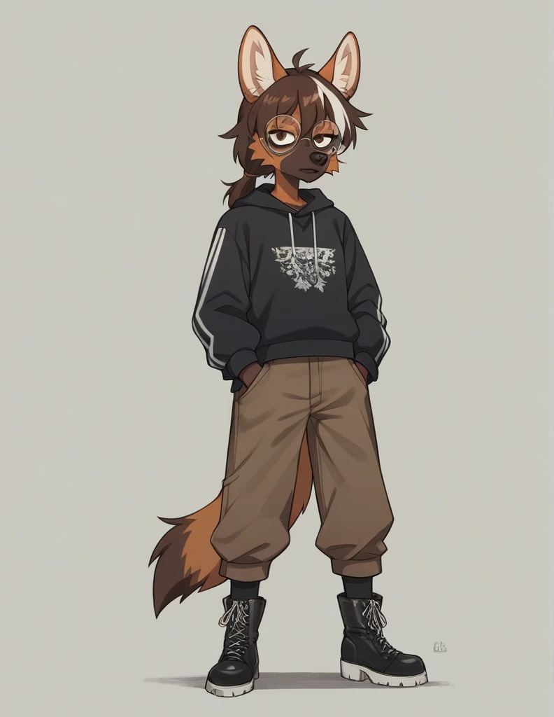 Solo, score_9, score_8_up, score_7_up, score_6_up, score_5_up, score_4_up, source_anime, Anthro furry girl, maned wolf, brown eyes, standing, tall and skinny, short brown hair, white tips on hair, white highlights on hair, low ponytail. side locks, jitome, bags under eyes, wearing brown peacoat, dark brown pants, black stiletto boots, wearing big round glasses, hands on pocket, 
