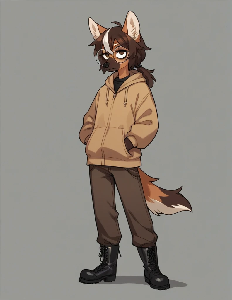 Solo, score_9, score_8_up, score_7_up, score_6_up, score_5_up, score_4_up, source_anime, Anthro furry girl, maned wolf, brown eyes, standing, tall and skinny, short brown hair, white tips on hair, white highlights on hair, low ponytail. side locks, jitome, bags under eyes, wearing brown peacoat, dark brown pants, black stiletto boots, wearing big round glasses, hands on pocket, 