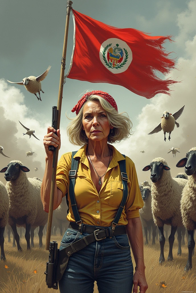 A 71-year-old woman with short, voluminous bob hair with soft waves, blonde with some darker streaks. Her face is clear with marked expression lines, especially around the eyes and mouth, with war clothing, suspenders, painted face and a bandana on the head, with a raised flag in which there is a churra sheep. There is a war going on around her, in which flying sheep that shoot lasers from their nipples and land sheep with Monster truck wheels fight to the death against the Peruvians, with cock blows that that crush them and the Peruvians are defenseless against the cocks and the busty lasers. All in a gray war background with corpses on the ground and the gray sky.