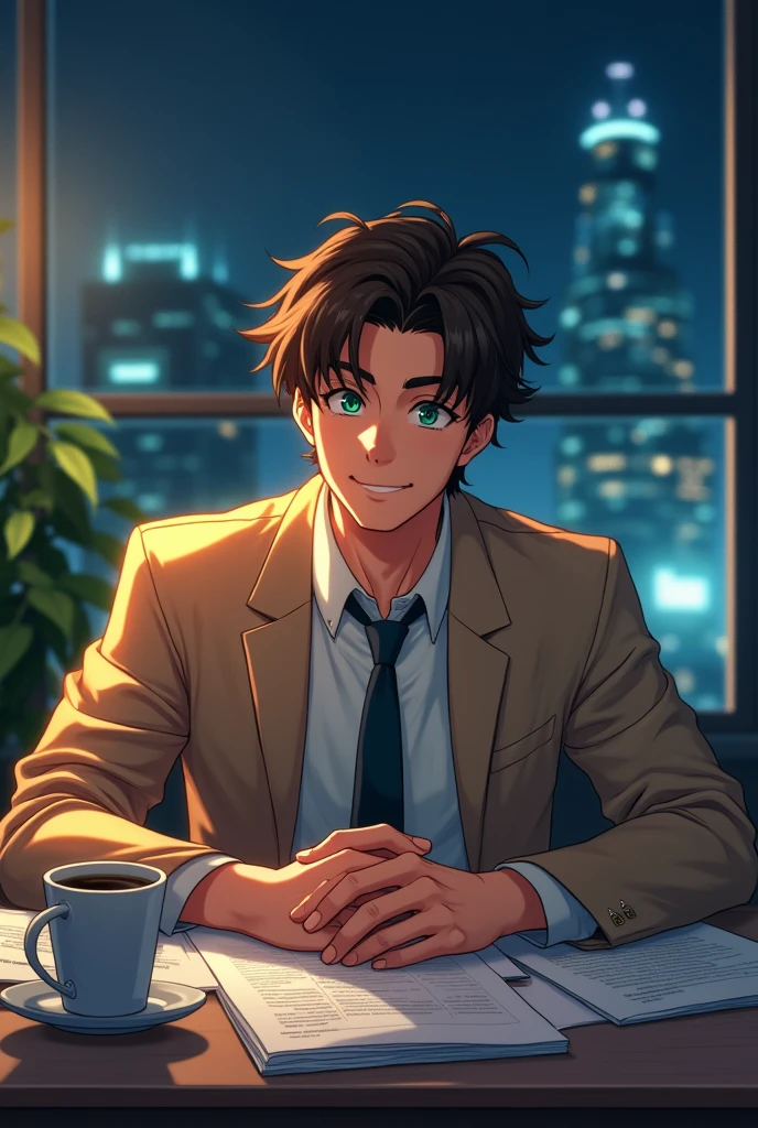 Young male office worker, handsome, cocoa brown hair, green mixed with blue eyes, drunk, anime