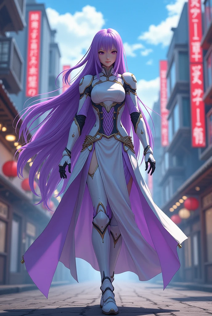 Photo, Fullbody, very very long hair purple  a woman dressed in a white and purple outfit, rei hiroe, beautiful android woman, kai'sa, female mecha, as a retro futuristic heroine, rinko kawaichi, kusanagi, hiyao miyazaki, as a retrofuturistic heroine, kaguya ōtsutsuki, still from tv anime, ayaka cosplay, japanese lightning goddess, pose random, skirt,  background street city japan, walking, skirt, wearing armor