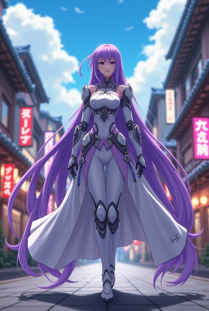 Photo, Fullbody, very very long hair purple a woman dressed in a white and purple outfit, rei hiroe, beautiful android woman, kai'sa, female mecha, as a retro futuristic heroine, rinko kawaichi, kusanagi, hiyao miyazaki, as a retrofuturistic heroine, kaguya ōtsutsuki, still from tv anime, ayaka cosplay, japanese lightning goddess, pose random, skirt, background street city japan, walking, skirt, wearing armor