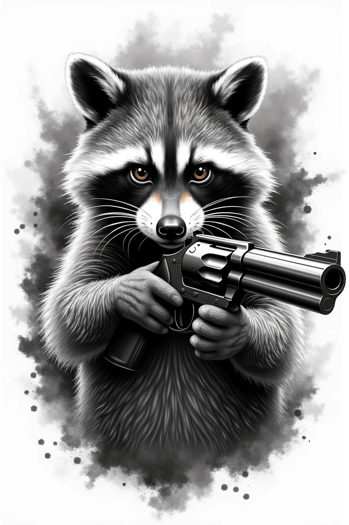 Design a highly detailed and realistic black and white tattoo featuring a raccoon holding a gun. The raccoon should be depicted in a natural posture., not humanoid, with intricately detailed fur and expressive eyes. The weapon must be well defined, with visible details that reflect its classic design. In the background, There must be a dynamic explosion, with thick strokes and black ink that create bold contrasts, emphasizing the intensity of the scene. The design should capture a moment of action with a dramatic touch, highlighting the texture and depth of the raccoon and the background.