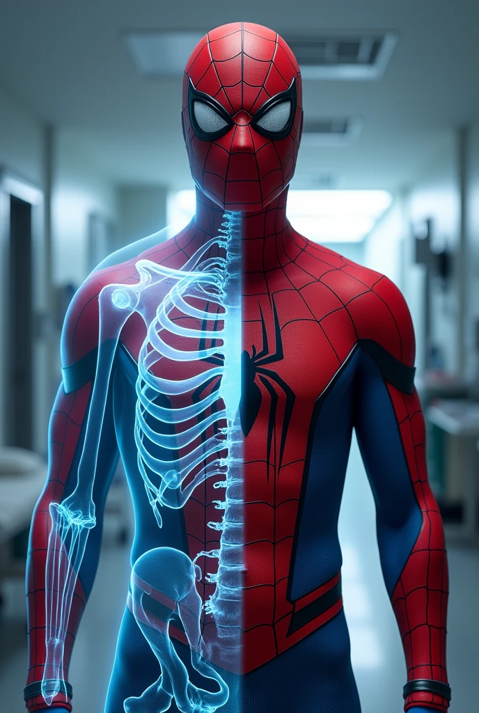 Spiderman, upper body shown in front view, with his left shoulder shown as X ray image, more details on the X ray image showing all the bones muscles and tendons of the shoulder, background in a hospital, do not tilt his body