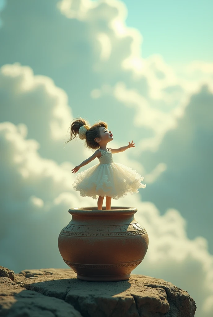 A whimsical miniatures figure, crafted from a vidrant medley of white cloud,assumesa lively dancing pose a top a worn,earthy pot surrounded by a lush sky scene a wash in the soft,misty glow of rain kissed white and blues,evoking a sense of mythical wonder and serenity