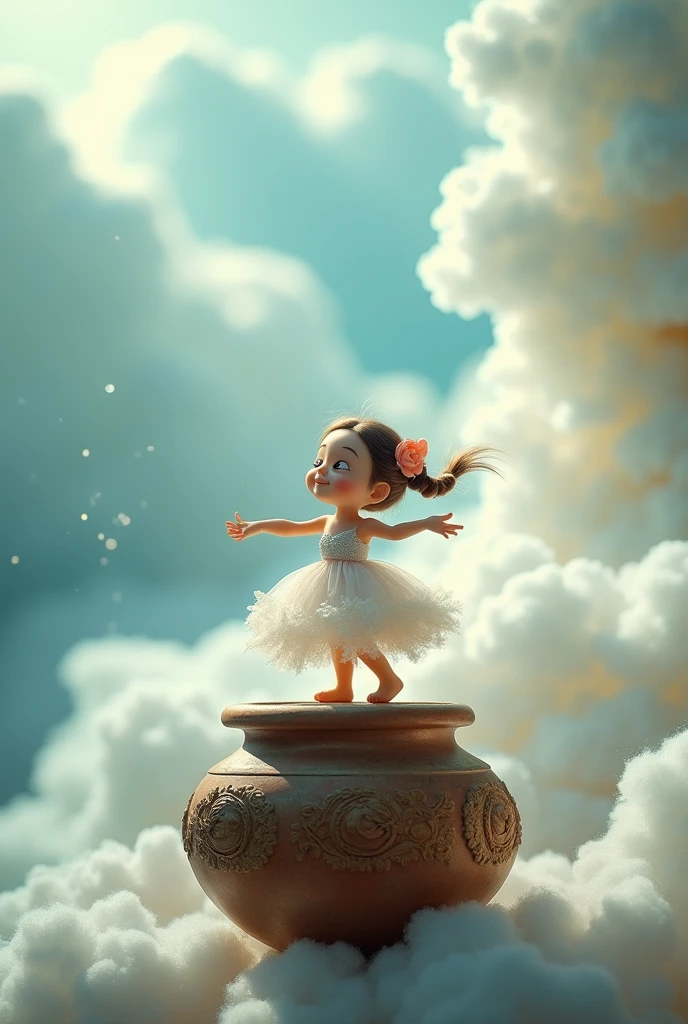 A whimsical miniatures figure, crafted from a vidrant medley of white cloud,assumesa lively dancing pose a top a worn,earthy pot surrounded by a lush sky scene a wash in the soft,misty glow of rain kissed white and blues,evoking a sense of mythical wonder and serenity
