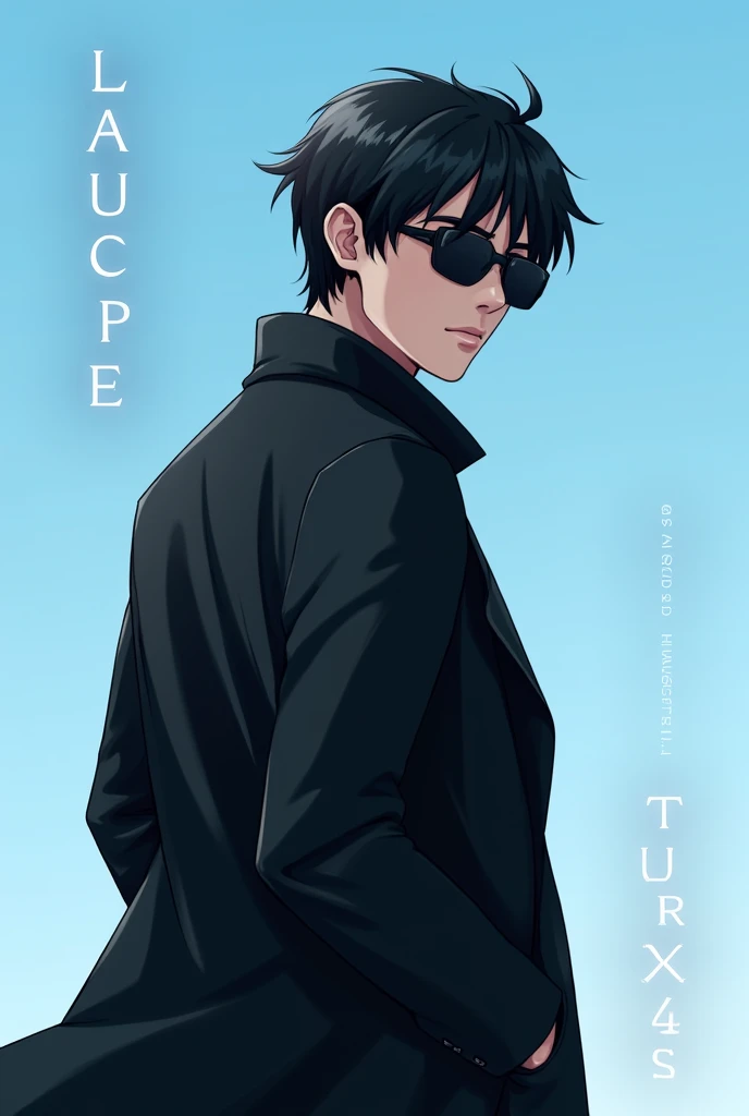 "Create an Instagram profile picture featuring a cool man in a black coat and sunglasses, with an anime-inspired style. Include the text 'Laughter House' in either white or black. The background should use decent, non-flashy colors, and the overall design should be modern and visually appealing, with the text subtly integrated to complement the character." Background sky Blue