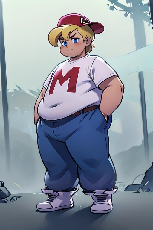 solo, 1boy, big fat body, mighty max, blonde hair, red hat, white shirt, blue pants, blue eyes,  short sleeves,  hands in pockets, sideways hat, Clothes fitted to your big and fat body size  