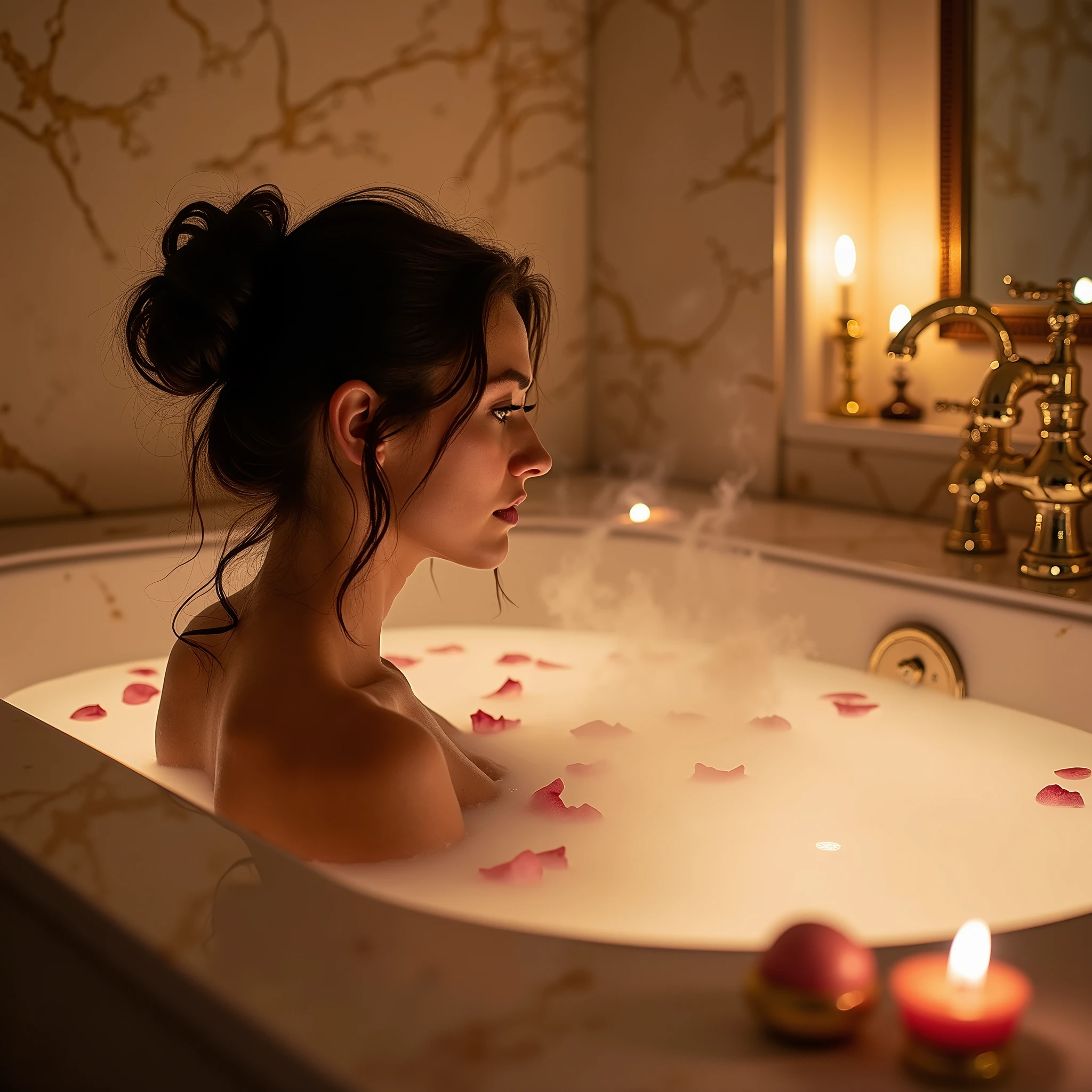 Laurence Bedard is laying in a luxurious, steamy bath with her hair elegantly styled in a loose bun