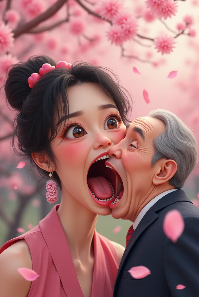 Beautiful Japanese woman with huge mouth making funny faces、１swallowing a small middle-aged man whole, head and all。