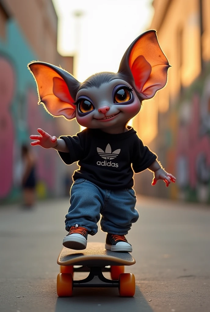 Baby bat on skateboard wearing wide jeans , a black shirt and some Adidas superstar shoes 