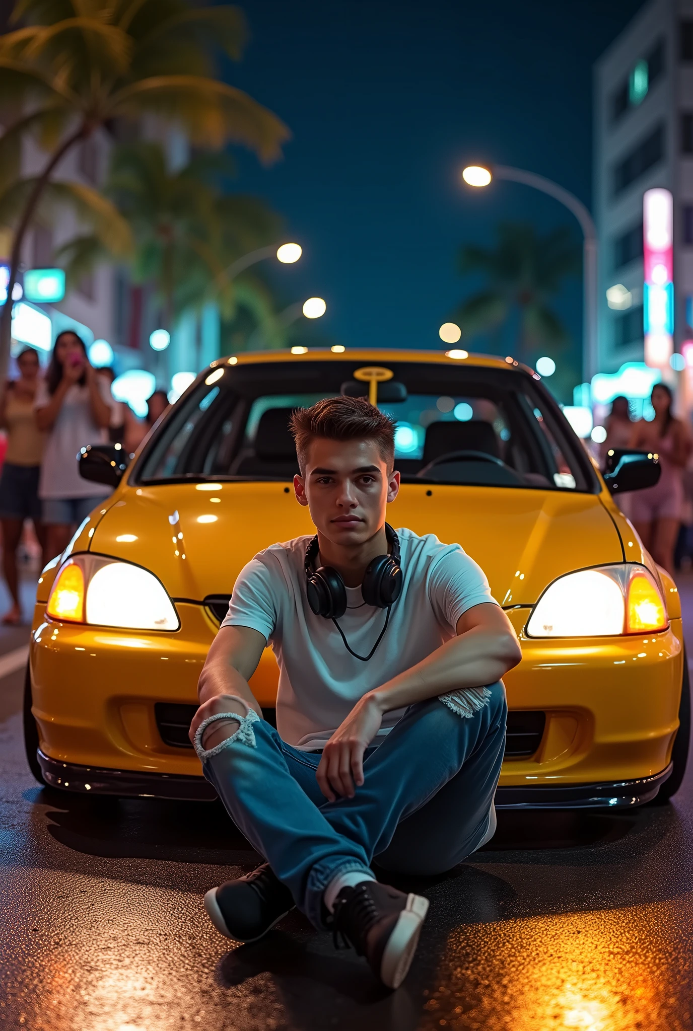 (photorealism:1.2), handsome youngman, t-shirts and tight scars jeans, sits infront of body car on his modified civic ferio  (glossy yellow), smokes streets, girls are taking his picture by cellphones, the traffic lights and marks, low angle camera shots, headphones, nike black sneakers, car lights in the streets at nights