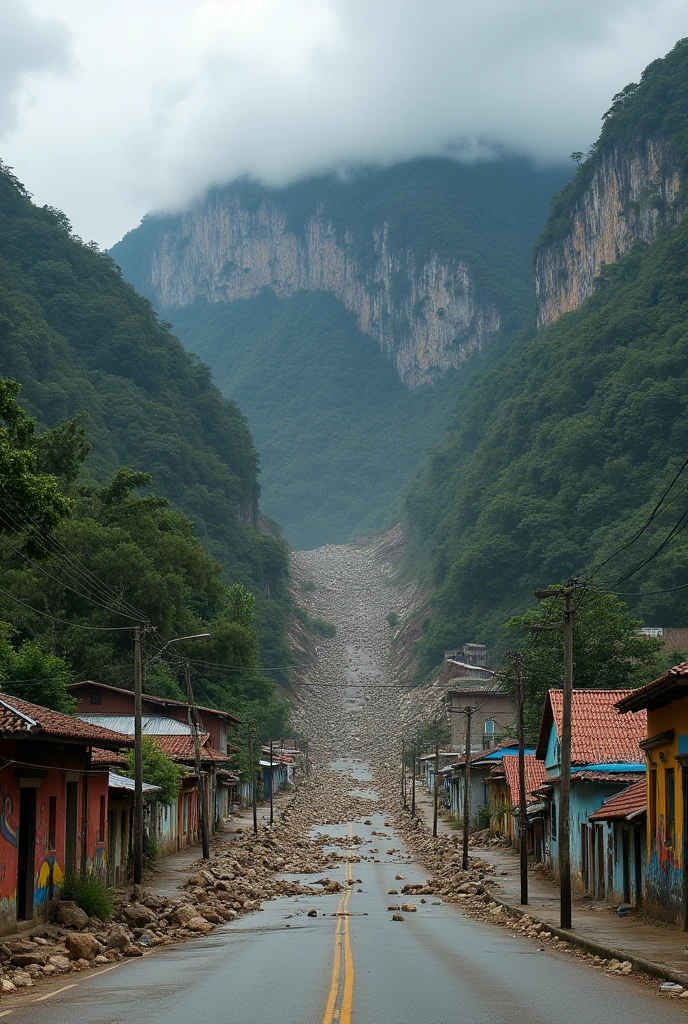 A mountain collapse on a road in a village or a more realistic town in Colombia without people and on a highway