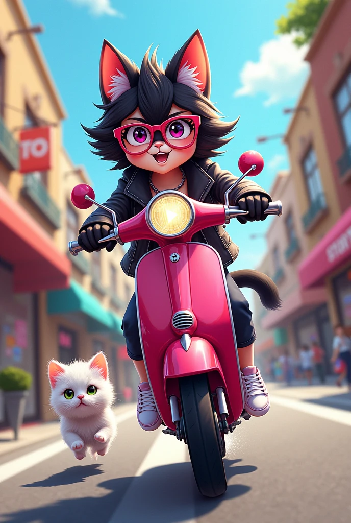 Create a realistic illustration of a pink and black cat girl riding a scooty. The cat girl has a playful, confident expression and is wearing stylish glasses and shoes. She is dressed in a fashionable outfit that complements her pink and black fur. The background should show a dynamic city street, adding a sense of motion to the scene."
On the way, a small kitten jumps on the road. The kitten is a cute animal with white and ugly fur.