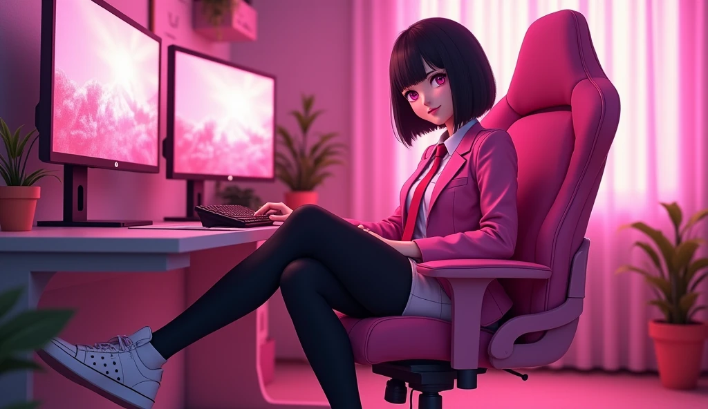 The young woman short black hair and pink eyes wear a pink suit, white shirt, magenta necktie, black pencil skirt, black underpants, black tights, black socks, adidas white sneakers.
She wear glasses and pink gaming headphone, sit on the pink gamer chair, smiled, privacy pink room, two pink monitor gaming, black keyboard, pink mouse, pink computer case, cartoon anime, 4K, HD