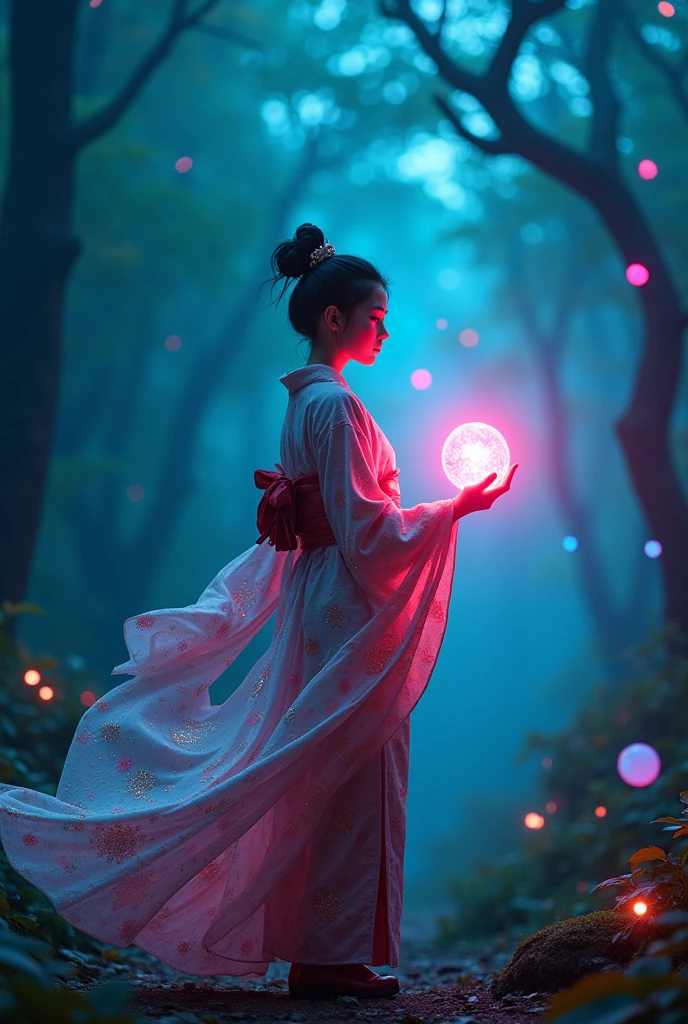 One 20-year-old girl, Japanese witch in kimono、Neon light in hand, An otherworldly theme that combines dark and fantastical fantasy, A bright core with many magical spheres, Fantastic realism, Highest quality, Highest quality, 8k, Absurd resolution, High quality epic, Very detailed, Very detailed肌, Amazing detail, Surreal, Very high resolution, Hyperrealistic,