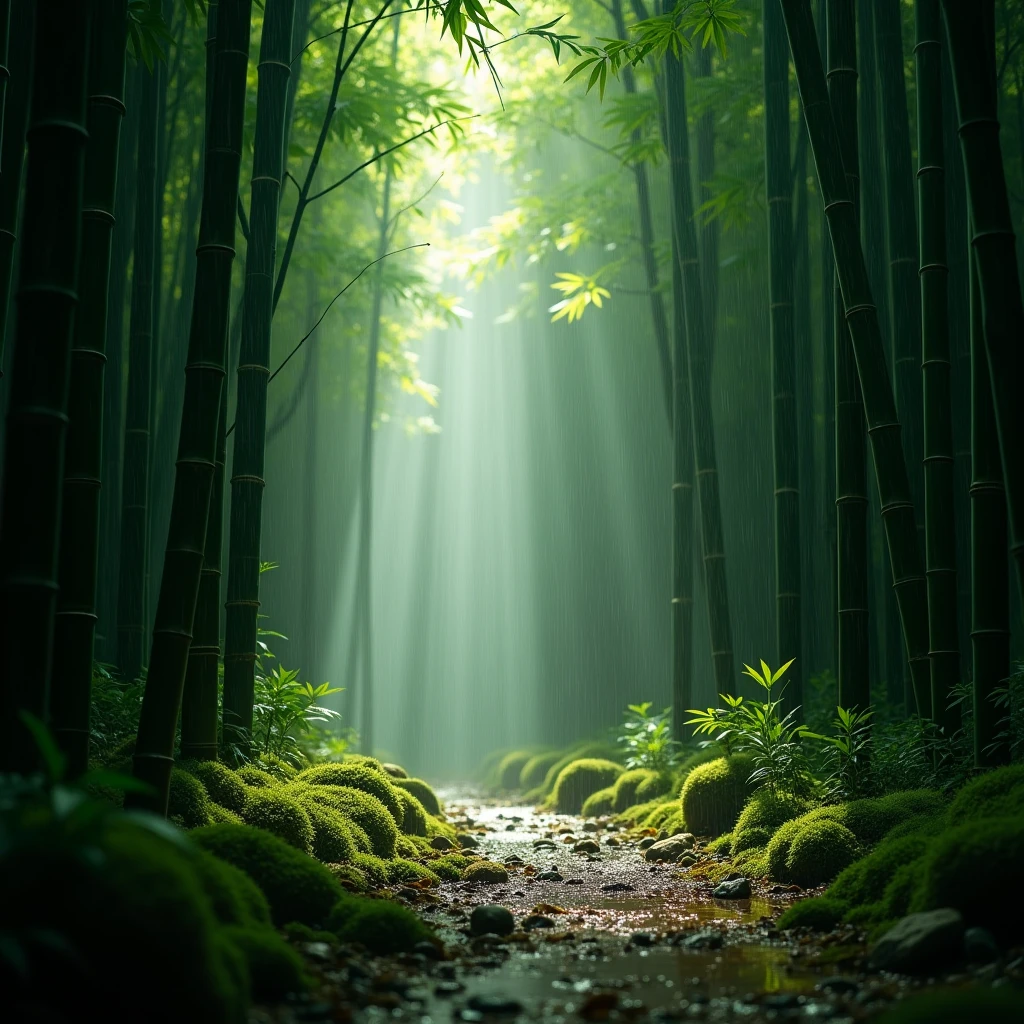 raining bamboo forest, tranquility. Beautiful cinematic lighting, surreal, RAW photo, color graded, dynamic movement, captivating chiaroscuro, award-winning, cinematic still, emotional, vignette, dynamic, vivid, (masterpiece, best quality, photorealistic, Professional, perfect composition, very aesthetic, absurdres, ultra-detailed, intricate details:1.3)