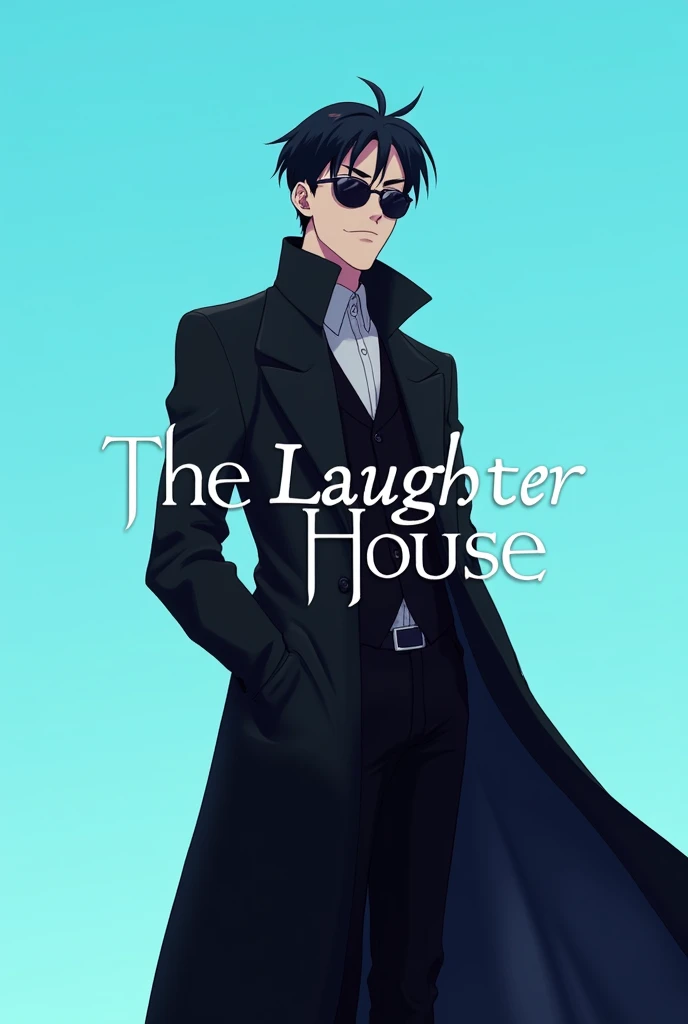 "Create an Instagram profile picture featuring a cool man in a black coat and sunglasses, with an anime-inspired style. Include the text 'Laughter House' in either white or black. The background should use decent, non-flashy colors, and the overall design should be modern and visually appealing, with the text subtly integrated to complement the character." Background sky Blue