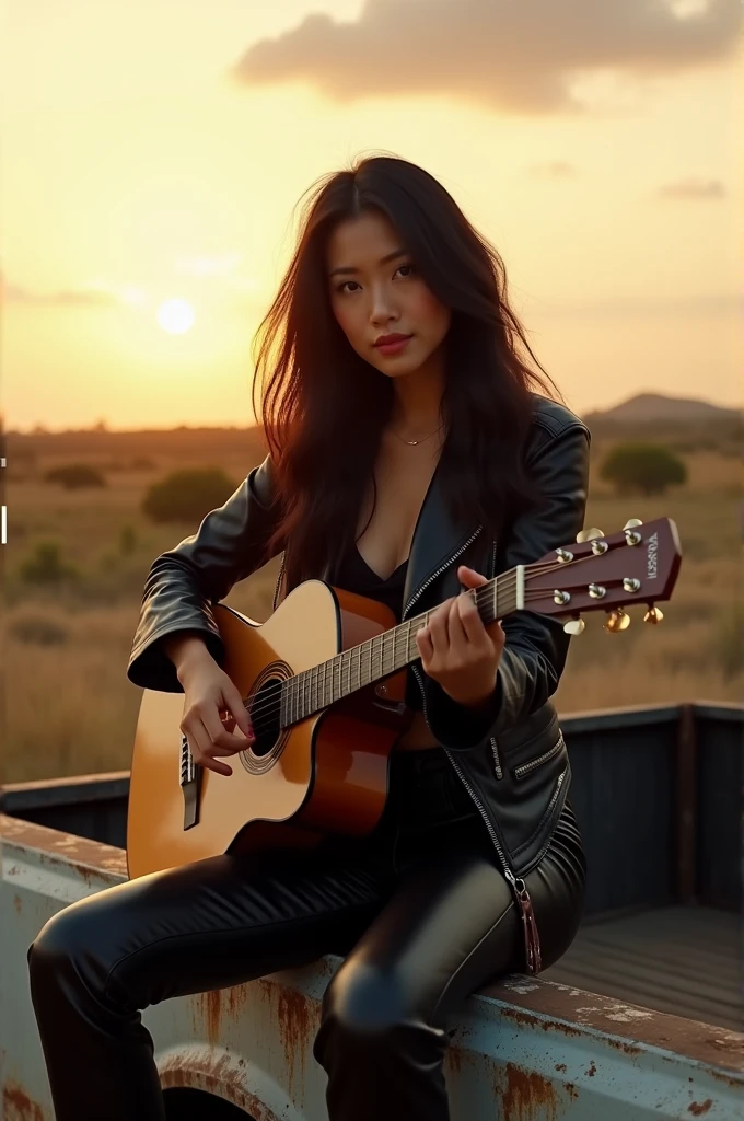 realistic video, a beautiful Asian woman, wearing a rocker style leather outfit, sitting on a pick up truck, playing the guitar, looking at the camera, the afternoon atmosphere looks like the sun is about to set, the camera focuses in all directions, in the sky the clouds move slowly, long black wavy hair moves in the gentle breeze,