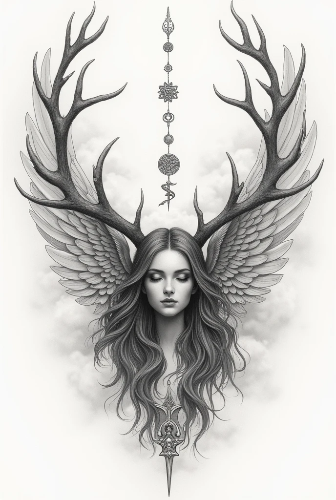 could you create a forearm tattoo sketch of a guardian angel with deer antlers, also with Nordic symbols 